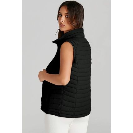 Black Plush Collared Quilted Zipped Puffer Vest