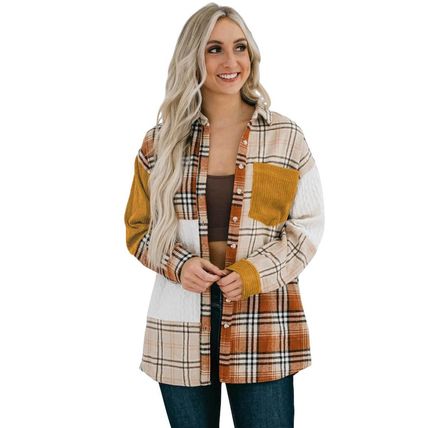 Orange Plaid Color Block Patchwork Shirt Jacket with Pocket
