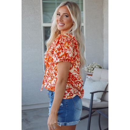 Orange Floral Print Ruffled Short Puff Sleeve Split Neck Blouse
