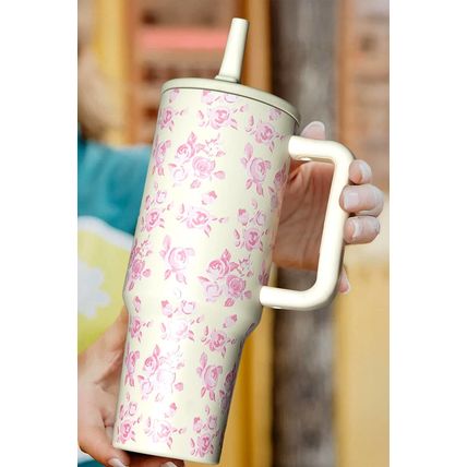 White Flower Print Handle Insulated Large Tumbler 40oz