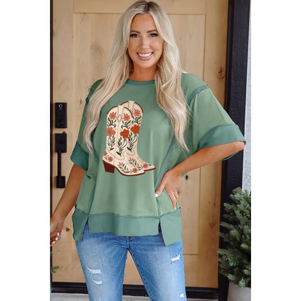 Smoke Green Floral Boots Printed Raw Seam Mix Texture Patchwork Tee