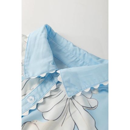 Sky Blue Floral Ric Rac Edge Puff Sleeve Button Up Summer Shirt
