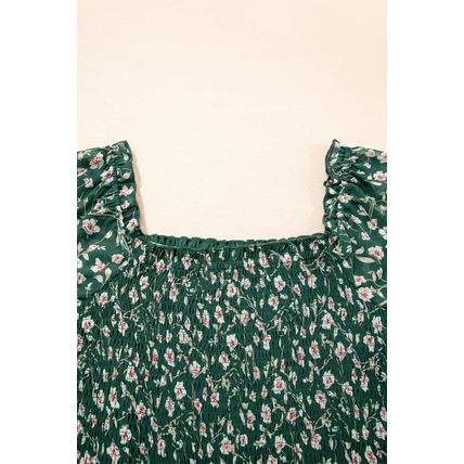Green Smocked Square Neck Puff Short Sleeve Floral Dress