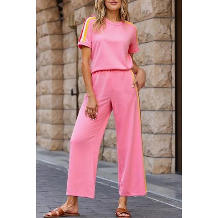 Bonbon Color Contrast Crewneck T Shirt and Wide Leg High Waist Pants Set