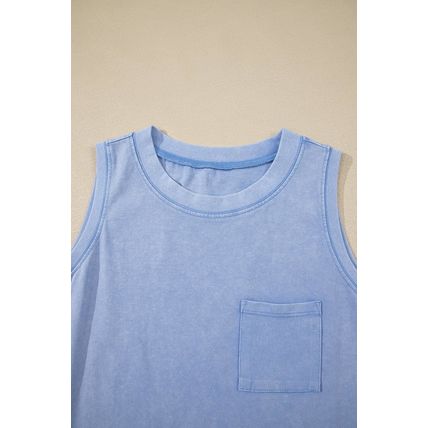 Beau Blue Mineral Wash Patched Chest Pocket Casual Tank Top