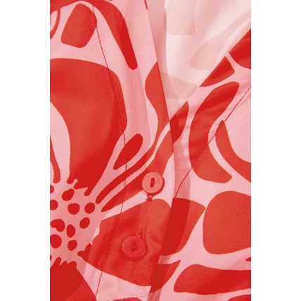 Red Boho Floral Short Sleeve V Neck Buttoned Shirred Waist Long Dress