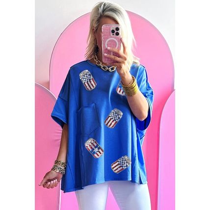 Blue Sequined American Flag Pop Can Pattern Oversized Tee