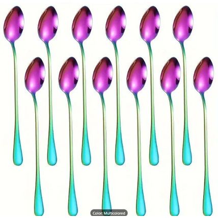 12 Piece Set Elegant Multicolored Stainless Steel Iced Tea Spoon, 7.68" Long