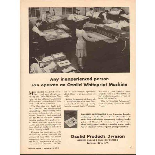 GENERAL ANILINE FILM COMPANY 1943 inexperienced Ozalid vintage ad