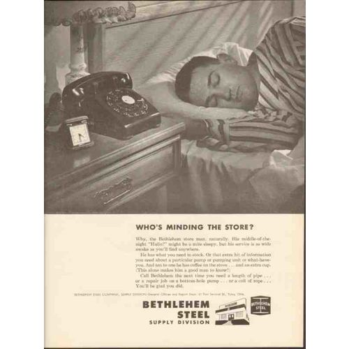 BETHLEHEM STEEL COMPANY 1962 Whos minding store night pipe vintage ad