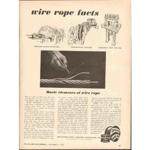 BETHLEHEM STEEL COMPANY 1962 Wire rope facts basic elements vintage ad
