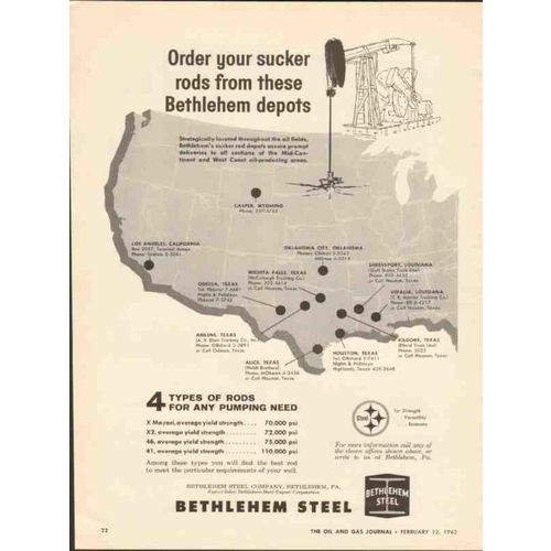 BETHLEHEM STEEL COMPANY 1962 Order sucker rods oil pumping vintage ad