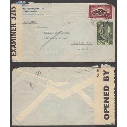 Portugal 1941, US Censored Cover mailed from Lisbon to Erie, PA. Used