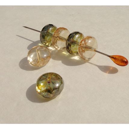 6 Rondelle Glass Beads 13mm x 9mm Faceted Edges Olive Champagne Tinted bd089