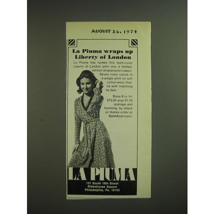 1974 La Piuma Liberty of London Dress Advertisement