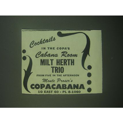 1945 Copacabana Club Ad - Cocktails in the Copa's Cabana Room Milt Herth Trio