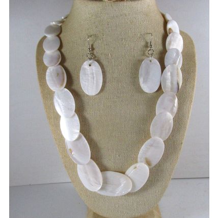 Genuine White Natural Mother of Pearl Oval Strand Necklace Set