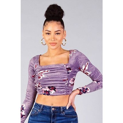 Women's Ruched Velvet Floral Back Tie Crop Top