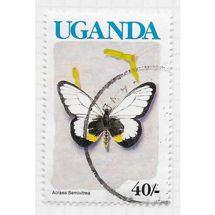 UGANDA 1990 BUTTERFLIES GLASSY ACRAEA BLUE COUNTRY NAME 40/- NO IMPRINT USED