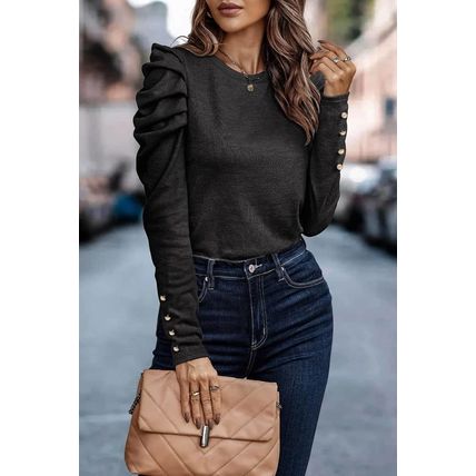 Black Buttoned Puff Long Sleeve Sheath Top