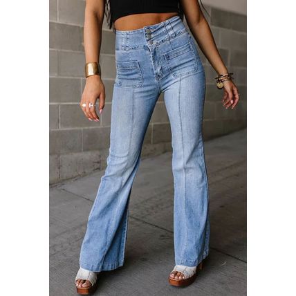 Light Blue Fly Button Exposed Seam Patched Pocket Flare Jeans