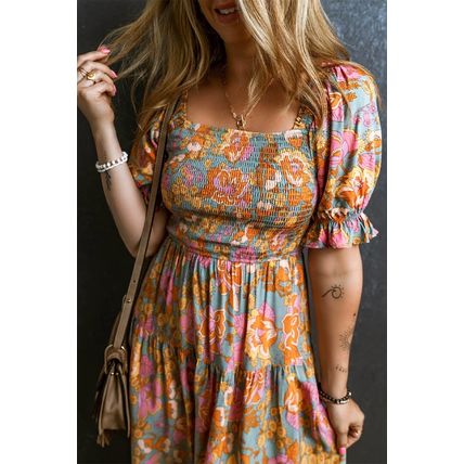 Yellow Smocked Bodice High Waist Puff Sleeve Floral Dress