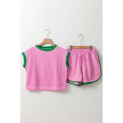 Pink Contrast Trim Cable Textured Shorts Set