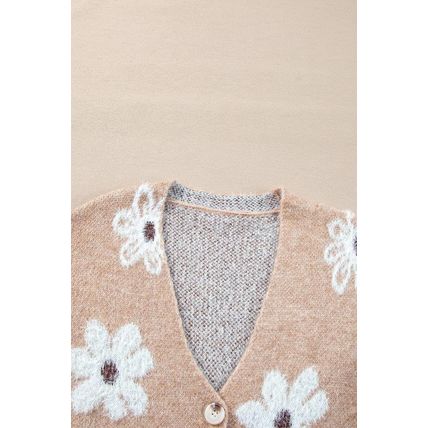 Smoke Gray Floral Print V Neck Knitted Button up Cardigan