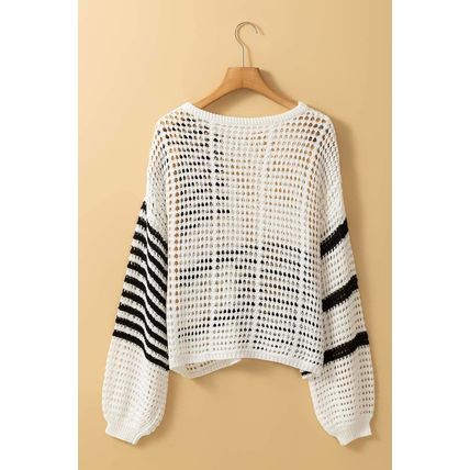 White Stripe Hollow-out Openwork Knit Puff Sleeve Sweater