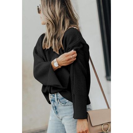 Black Solid Textured Knit Split Cuff Drop Shoulder Loose Sweater