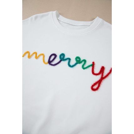 White MERRY Graphic Pullover Sweatshirt