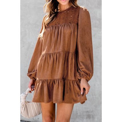 Chestnut Floral Lace Crochet Tiered Ruffled Mini Dress