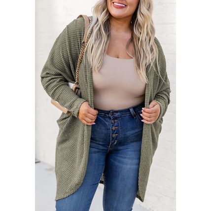 Seagrass Waffle Knit Drop Shoulder Open Front Pocketed Plus Size Cardigan