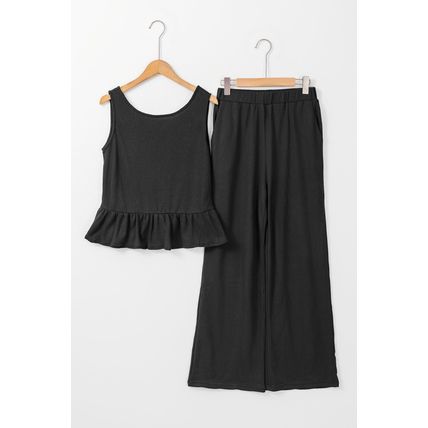 Black Solid Color Ribbed Ruffle Tank Top and Pants Set