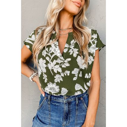 Green Floral Print Split Neck Short Sleeve Blouse