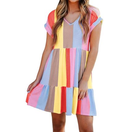 Red Multicolor Striped Color Block Tiered Mini Dress
