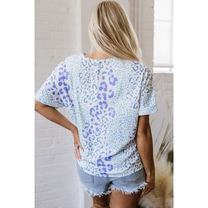 Sky Blue Mixed Leopard Print V Neck Short Sleeve Blouse