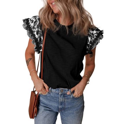 Black Ricrac Trim Printed Flutter Sleeve Contrast Patchwork Blouse