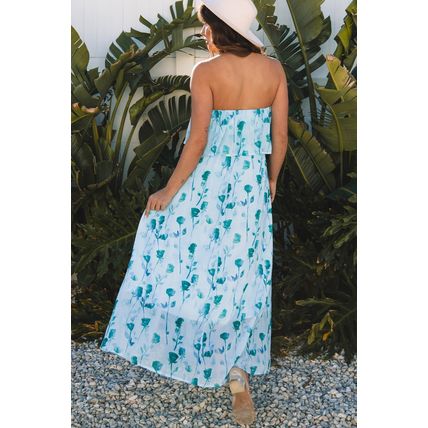 Green Floral Print Ruffled Side Slit Tube Top Maxi Dress