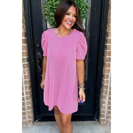 Bright Pink Corded Knit Crew Neck Puff Sleeve Shift Mini Dress