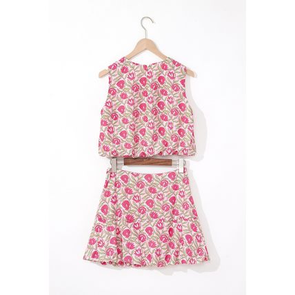 Pink Floral Print Puffy Cropped Tank and Mini Skirt Set