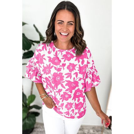 Pink Floral Printed Ruffled Short Sleeve Round Neck Loose Blouse