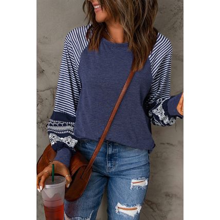 Navy Blue Contrast Print Striped Raglan Long Sleeve Loose Top