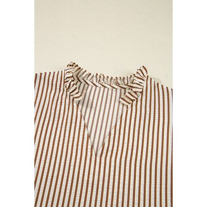 Straw Yellow Striped Print Tied Cuffs Split Neck Seersucker Blouse