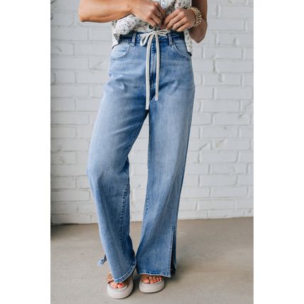 Myosotis Slit Leg High Rise Drawstring Casual Jeans