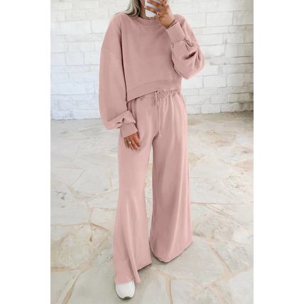 Light Pink Drop Shoulder Puff Sleeve Crop Pullover Drawstring Wide Leg Pants Set