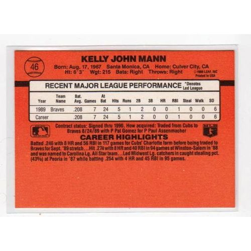 1990 Donruss Kelly Mann RC Rated Rookie card #46 – Braves