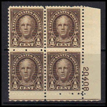 653 1/2c Nathan Hale Fine MNH Plt/4 K1922
