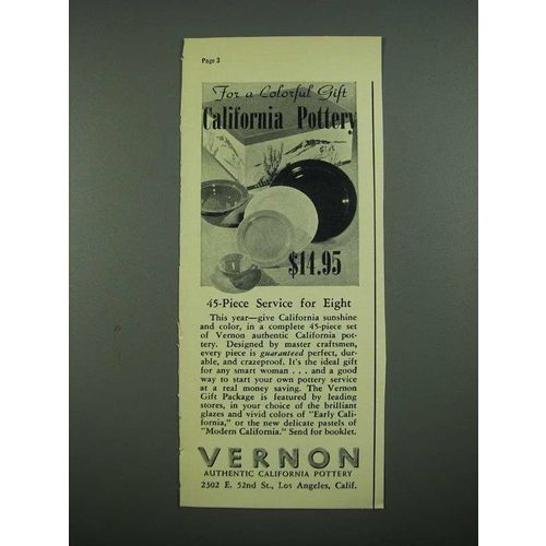 1938 Vernon Authentic California Pottery Ad - For a Colorful Gift