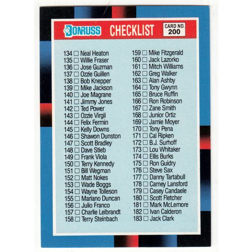 1988 Donruss Baseball Checklist unmarked card #200